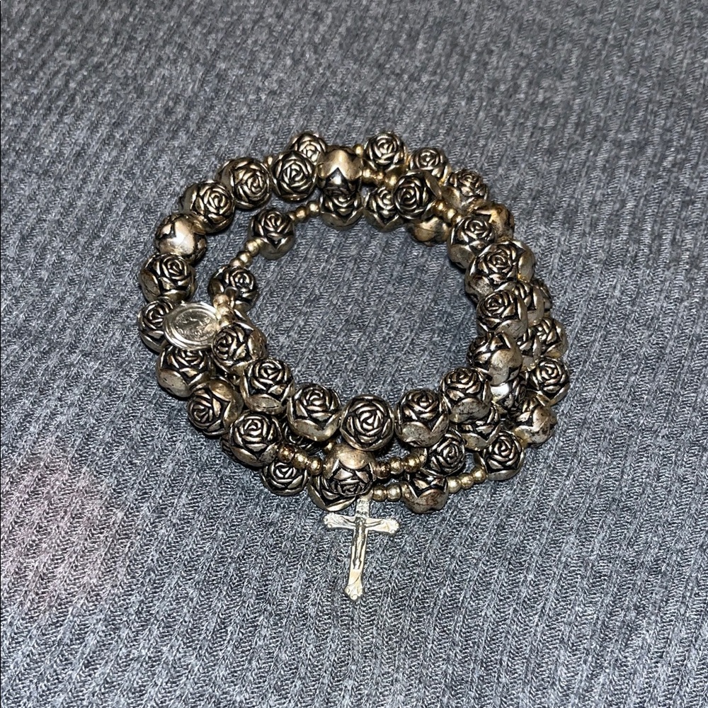 Sterling Silver-Tone Rose Bead Rosary Bracelet with Crucifix